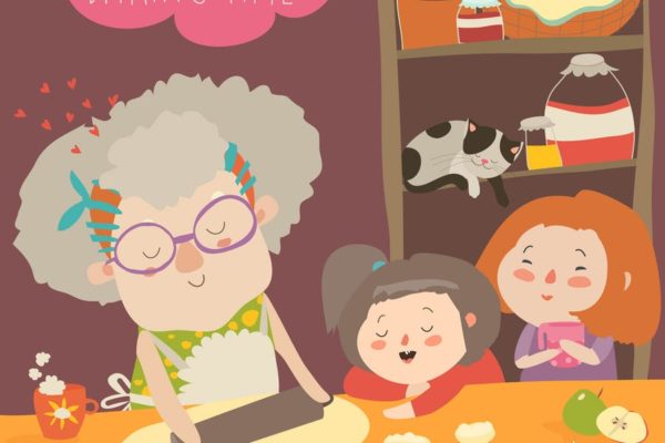 家庭烘培亲子活动场景矢量插画素材精选 Grandmother and kids bake together at a kitchen.