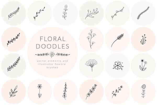 手绘花卉涂鸦装饰元素素材精选 Hand Drawn Floral Doodles