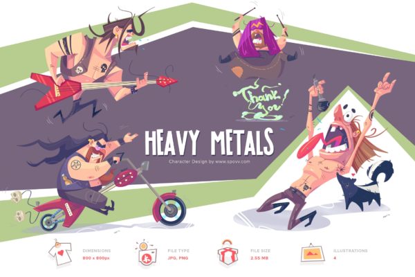 重金属摇滚音乐卡通手绘矢量插画素材精选 Heavy Metals