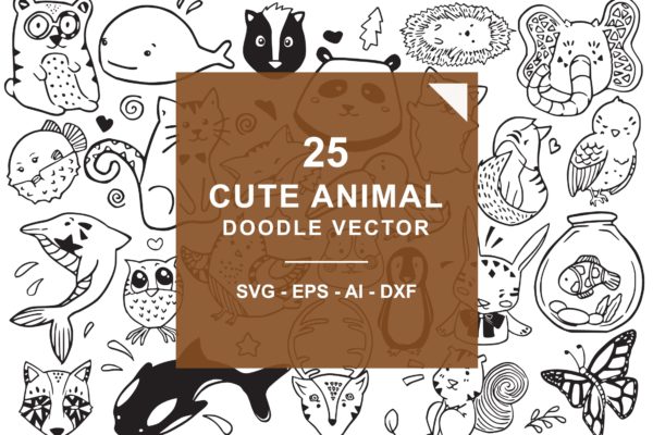 可爱卡通动物涂鸦手绘矢量图案素材精选 Cute Animal Doodle Vector