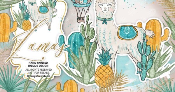 羊驼水彩剪贴画设计素材精选 Lama boy design