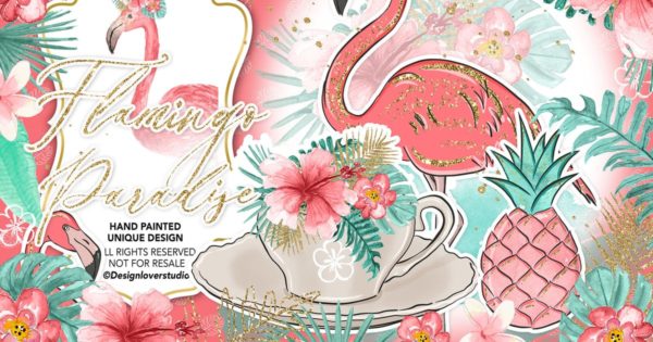 火烈鸟水彩插画设计素材精选 Flamingos Paradise design