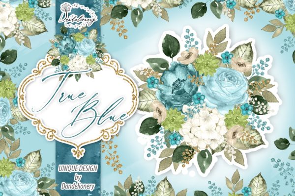 逼真蓝色水彩花卉手绘剪贴画PNG素材精选 Watercolor True Blue design