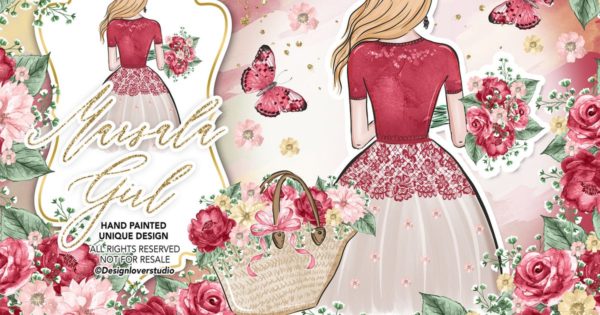 漂亮女孩水彩花卉插画婚礼设计素材精选 Marsala Girl design