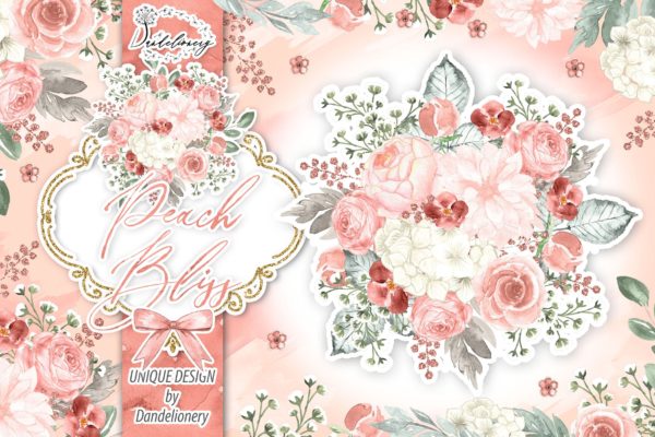 桃花色水彩手绘花卉剪贴画PNG素材精选 Watercolor Peach Bliss design