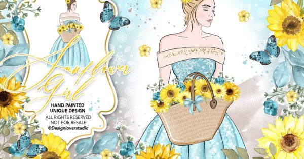向日葵女孩水彩手绘插画设计素材精选 Sunflower Girl design