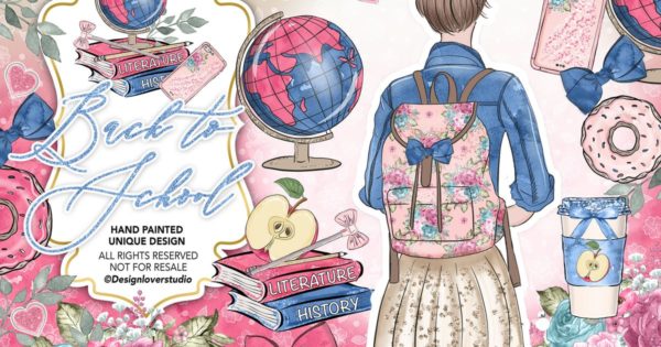 开学季水彩手绘风格剪贴画素材精选合集 Back to School Clipart