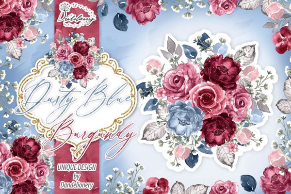 勃艮第红&蓝色水彩手绘花卉PNG素材精选 Watercolor Dusty Blue and Burgundy design