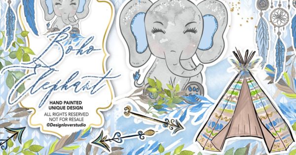 波西米亚风格可爱大象水彩插画汇总 Boho Elephant Blue Cute design