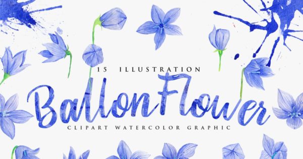 15款蓝色水彩花卉插画设计素材精选 15 Watercolor Ballon Flower Illustration