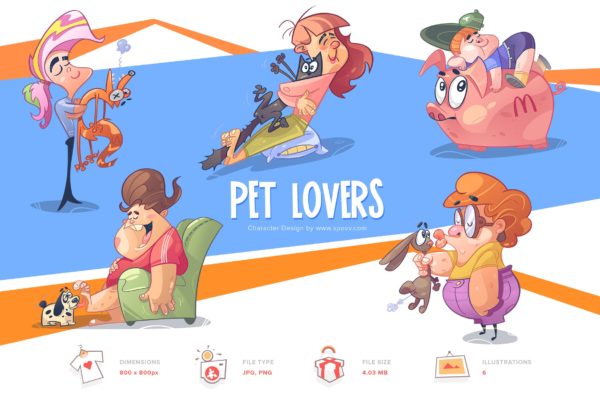 宠物爱好者卡通形象手绘插画PNG素材精选 Pet Lovers
