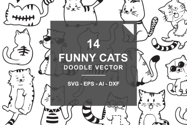 可爱有趣卡通猫涂鸦手绘矢量图案素材精选 Cute and Funny Cats Doodle Vector