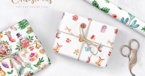 圣诞节礼物主题水彩元素图案素材精选 Watercolor Christmas Patterns