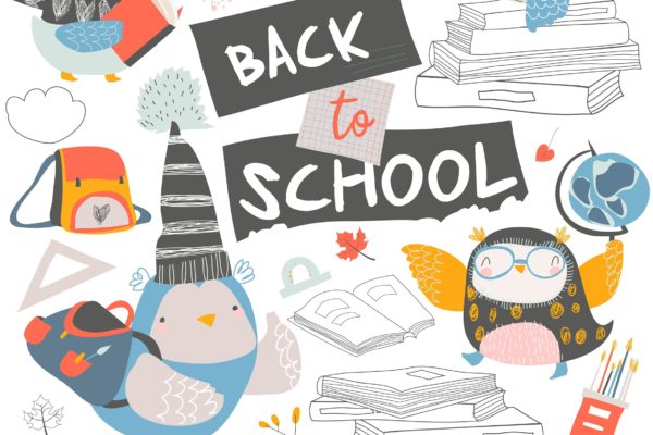 可爱卡通猫头鹰矢量手绘图案开学季设计素材精选 Set of cute owls with books. Back to school.