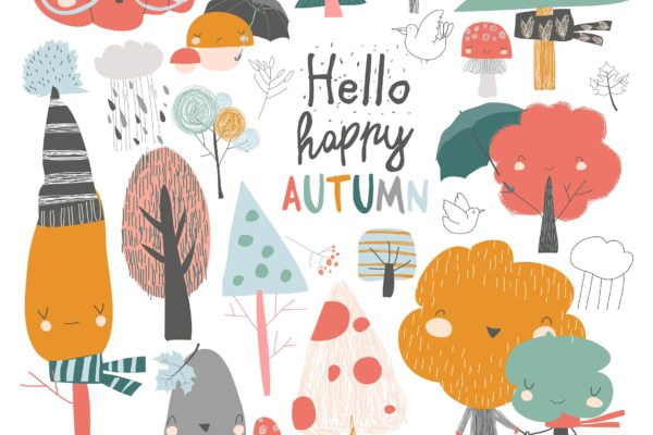 色彩缤纷的秋季元素矢量插画素材精选 Colorful autumn trees. Cartoon yellow orange autum