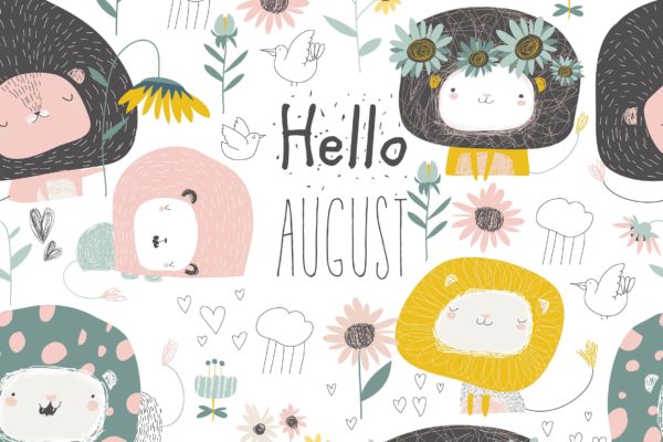 卡通狮子/花卉手绘无缝矢量图案图片设计素材精选 Vector seamless pattern with cute lions and flower