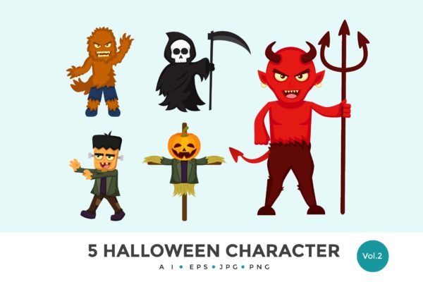 5个万圣节可爱怪物卡通人物矢量图形素材精选v2 5 Cute Halloween Monster Vector Character Set 2