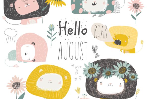 卡通可爱狮子与花卉秋天主题矢量插画素材精选 Vector set of cute lions and flowers. Hello august