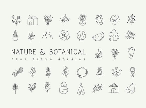 自然与植物手绘涂鸦矢量图形设计素材精选 Nature and Botanical Hand Drawn Doodles