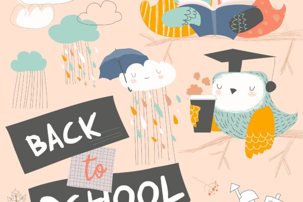 可爱手绘卡通猫头鹰矢量插画素材精选 Cute owls sitting on branch with books. Back to sc