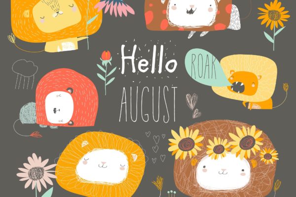 可爱卡通狮子/花手绘矢量插画素材精选 Vector set of cute lions and flowers. Hello august