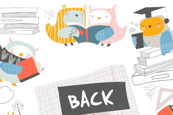 可爱卡通猫头鹰开学季设计矢量插画素材精选 Vector cute frame composed of cute owls with books