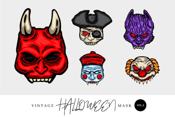 5个万圣节复古设计风格手绘面具矢量图形素材精选v2 5 Vintage Hand Drawing Halloween Mask Vector 2