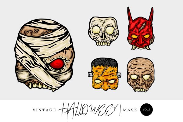 5个万圣节复古设计风格手绘面具矢量图形素材精选v1 5 Vintage Hand Drawing Halloween Mask Vector 1