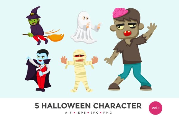 5个万圣节可爱怪物卡通人物矢量图形素材精选v1 5 Cute Halloween Monster Vector Character Set 1