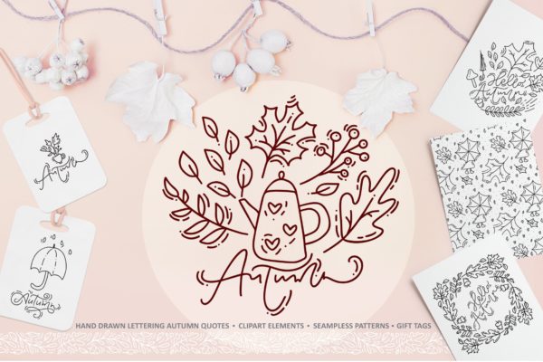 秋季花卉元素手绘线条画矢量插画素材精选 Monoline vector autumn floral elements