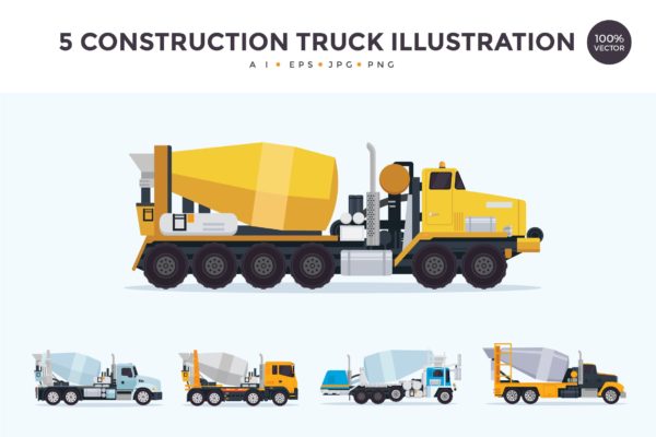 5个施工搅拌车/混凝土搅拌车矢量图形素材精选 5 Construction Mixer Truck Vector Illustration Set
