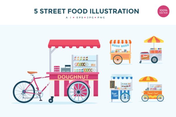 5个移动食品摊位/餐车矢量图形插画素材精选 5 Street Food Stall Vector Illustration Set