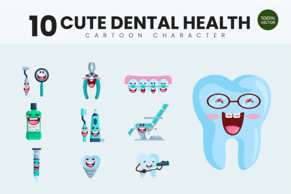 10个牙齿保健护理主题卡通形象矢量插画 10 Cute Dental Health Vector Illustration