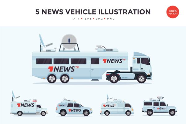 5个新闻广播车采访车矢量图形素材精选 5 News Broadcasting Vehicle Vector Illustration