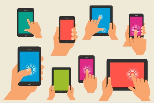 10个矢量手持智能手机和电脑插画 Hand holding smart phone & computers