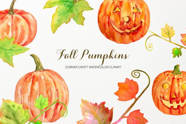 水彩南瓜手绘插画剪贴画PNG素材精选 Watercolor Pumpkins Clipart