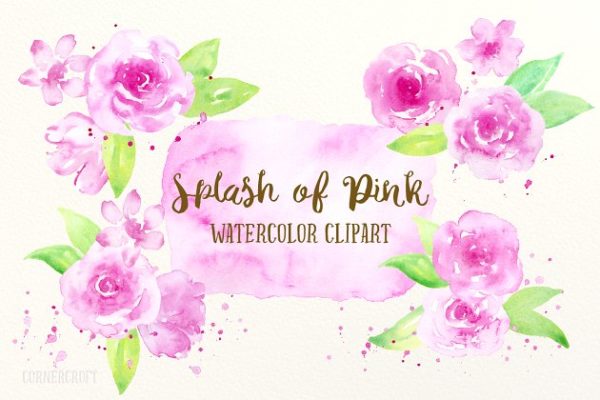 粉红色水彩剪贴画素材精选 Watercolor Clipart Splash of Pink