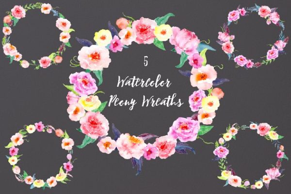 精美水彩牡丹花环插画 Watercolor Peony Wreath