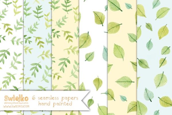 6张无缝叶子水彩纸质背景  Watercolor Papers, Seamless