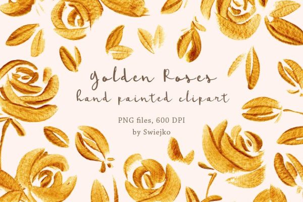 23个豪华手绘金玫瑰剪贴画汇总 Golden Roses clipart set