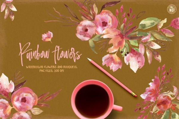 彩虹花花卉手工剪贴画  Rainbow Flowers