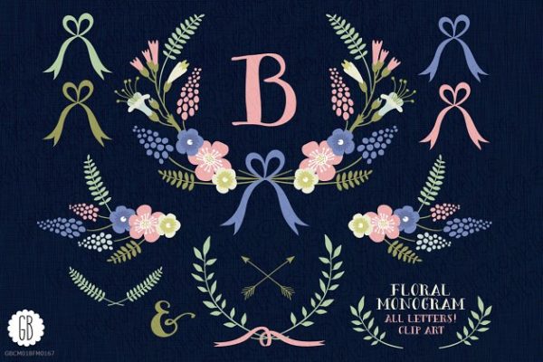 花环桂冠花背景装饰素材精选 Floral wreaths laurels monogram C75