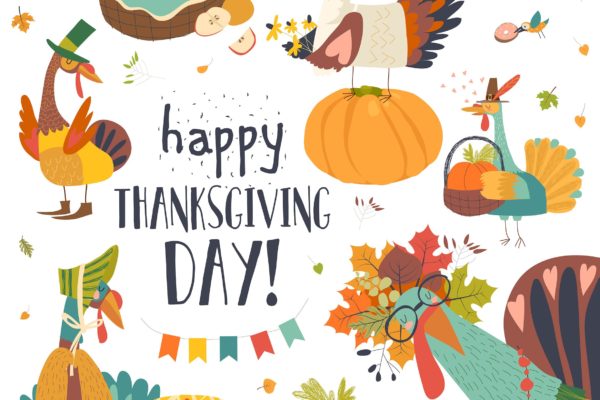 感恩节主题设计矢量手绘设计素材精选 Funny turkeys with Thanksgiving theme on white bac