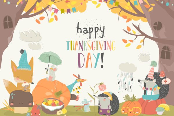 可爱动物感恩节庆祝活动矢量插画素材精选 Cute animals celebrating Thanksgiving day. Vector