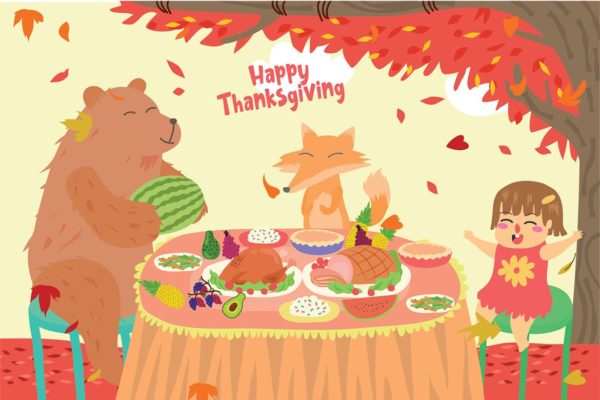 感恩节庆祝场景手绘矢量插画设计素材精选 Happy Thanksgiving – Vector Illustration