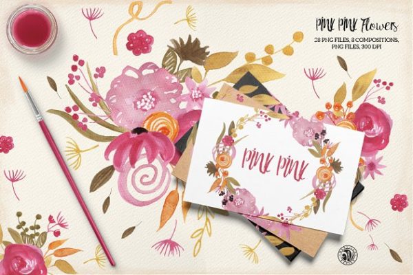 手绘水彩粉红色的花朵剪贴画素材精选  Pink Pink Flowers