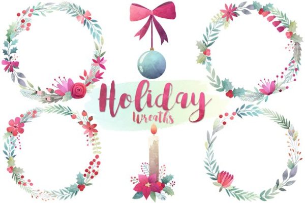 水彩画圣诞花环剪贴画素材精选 Watercolor Christmas Wreaths