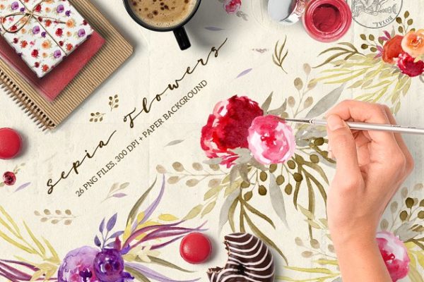 手工彩绘乌贼花剪贴画素材精选  Sepia Flowers