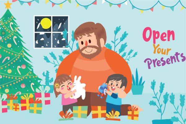 圣诞节拆礼物场景矢量插画素材精选 Christmas Presents – Vector Illustration