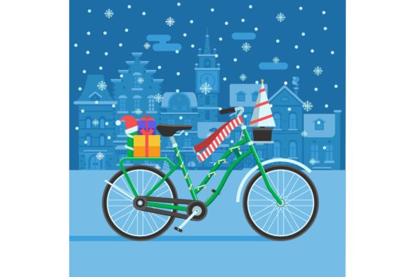 圣诞礼物自行车矢量插画设计素材精选 Winter Bike With Christmas Gifts